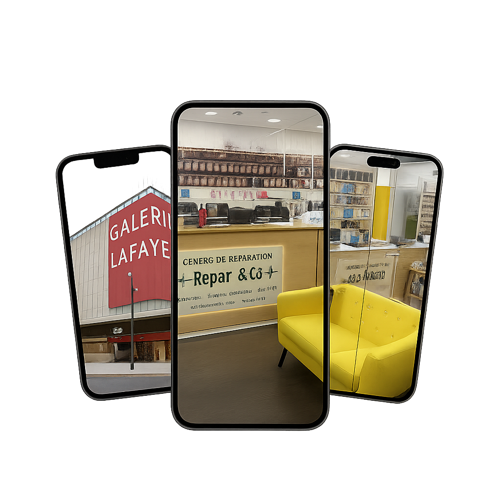 Trois téléphones illustrant les étapes de réparation chez Répar&Go